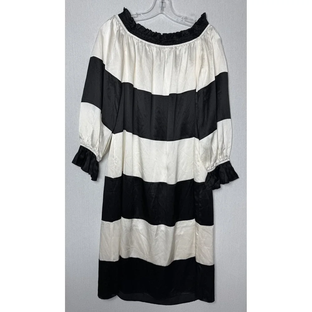 Cynthia Rowley Shanley Dress Medium Silk Striped Long Sleeve Ruched Neck - Picture 2 of 11